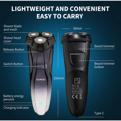 Bomidi M5 Electric Shaver Wireless Electric Razor Beard Trimmer Wet & Dry Hair Shaver Rechargeable Type-C IPX7 Waterproof - Black